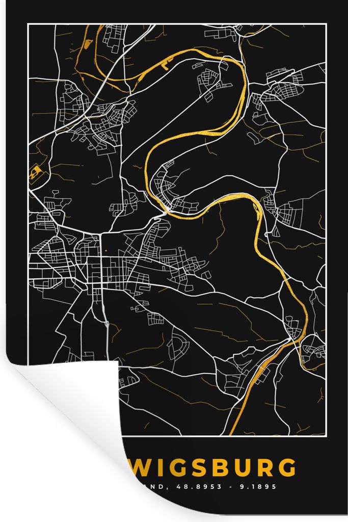 MuchoWow Wandtattoo Wandsticker Wandaufkleber Ludwigsburg - Gold - Deutschland - Stadtplan - Karte 20x30 cm Selbstklebend und Repositionierbar - ...