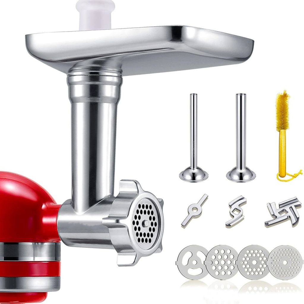 Fleischwolf-Aufsatz für KitchenAid Standmixer, Fleischwolf, Wurstfüller, Perfekter Mixeraufsatz für KitchenAid Mixer, Silber (Ohne Maschinen)