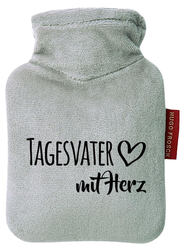 Huuraa Mini-Wärmflasche Tagesvater mit Herz 0,2 Liter Grey Mini Veloursbezug Taschenwärmer Geschenkidee
