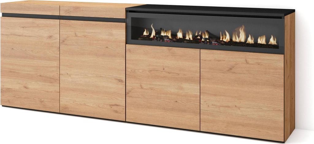 Sideboard, Highboard, 200x35x75cm, 4 Türen, Elektrokamin. farbe Eiche