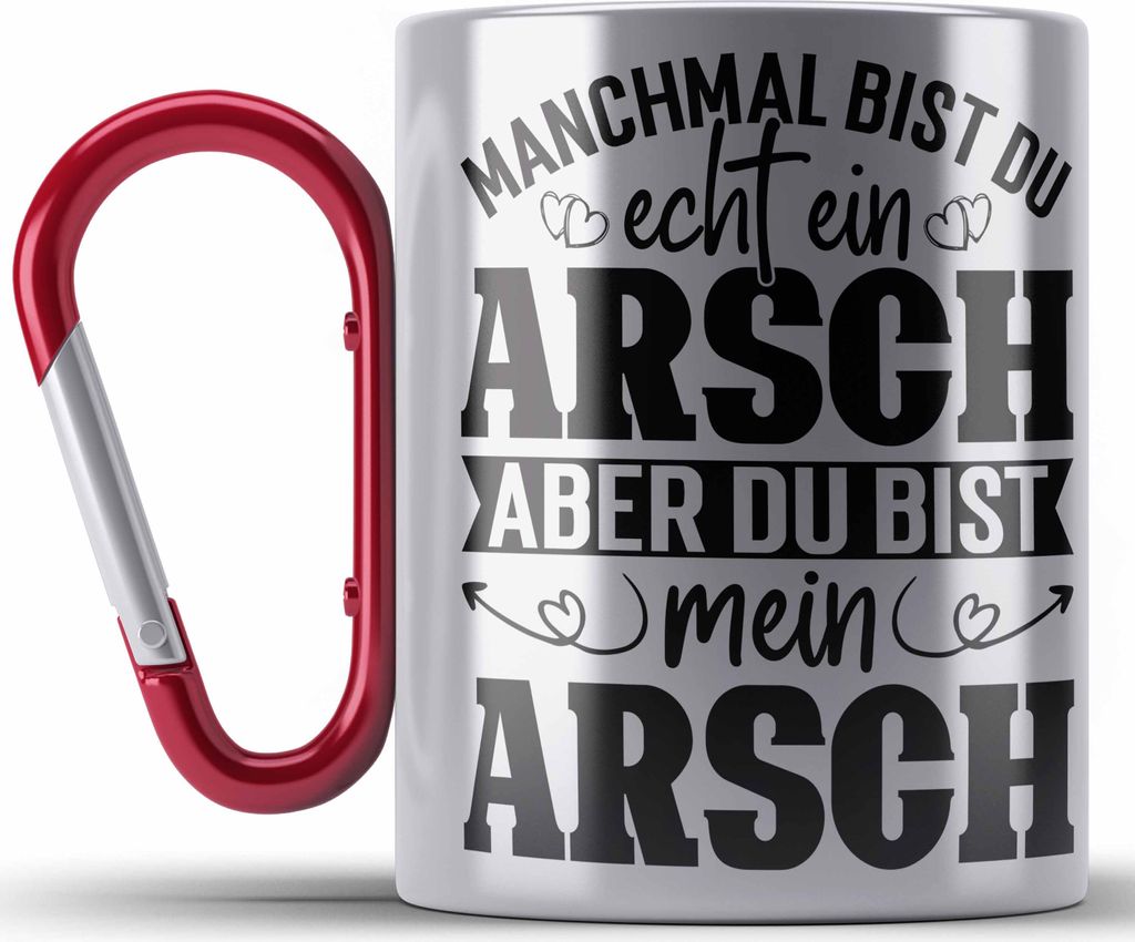 Trendation - Valentinstag Geschenk Edelstahl Tasse Karabiner für Ihn Geschenkidee von Freundin Spruch Süß Liebe Jahrestag Geschenke (Rot)