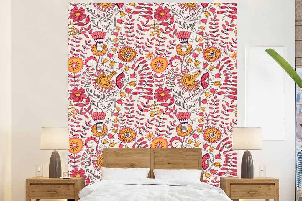 MuchoWow Fototapete für Wohnzimmer oder Schlafzimmer Wandtapete Vinyl Motivtapete Blumen - Design - Rosa - Orange - 210x260 cm - Wand Tapete
