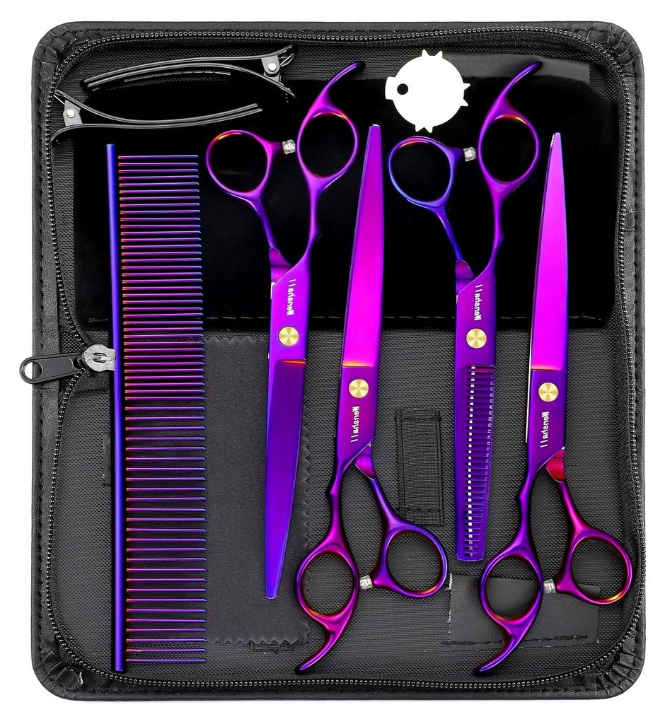 7,0 Zoll Hundepflege Scheren Set – gerade Schere, Ausdünnungsschere, gebogene Schere, Chunker und Kamm im 5-teiligen Set