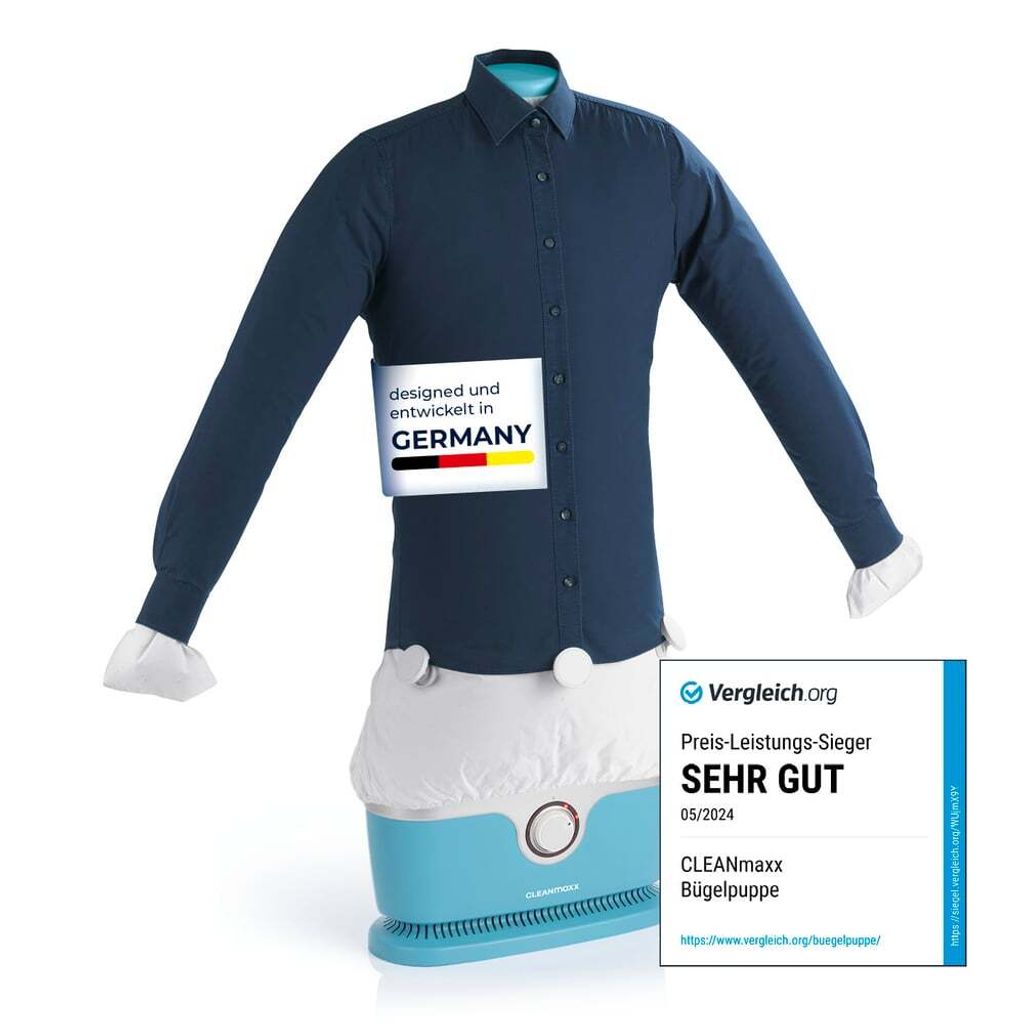 A dark blue shirt is displayed on a shirt ironing mannequin.