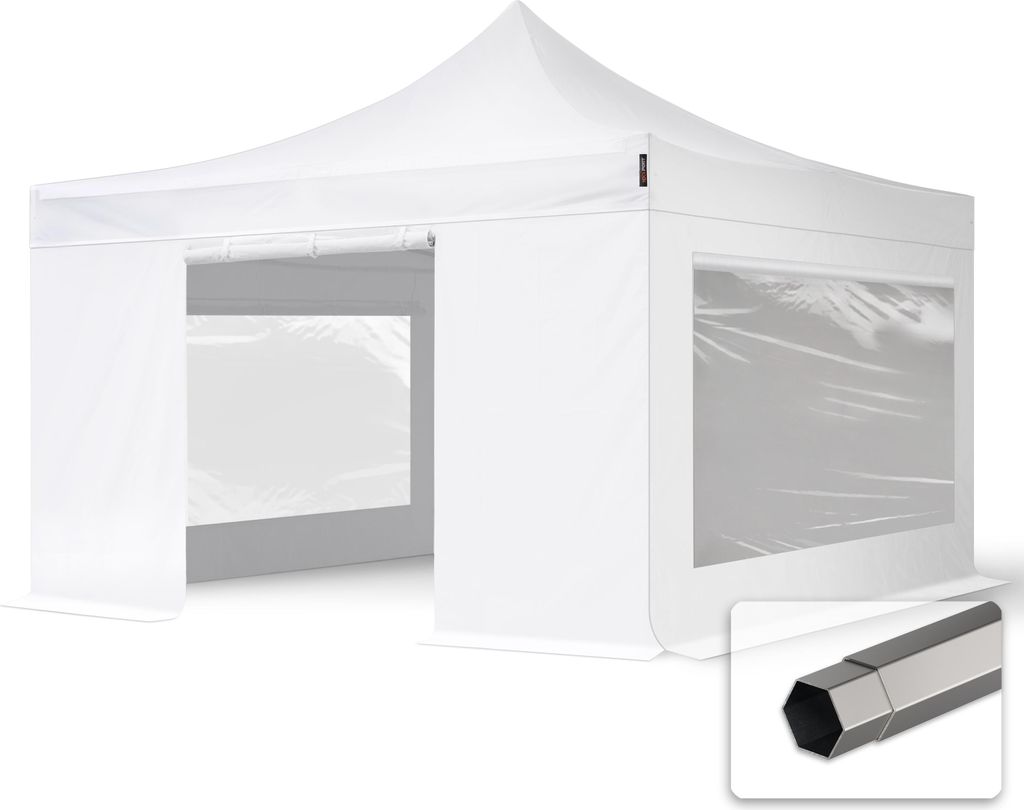 TOOLPORT 4x4m Stahl Faltpavillon, inkl. 4 Seitenteile, weiß