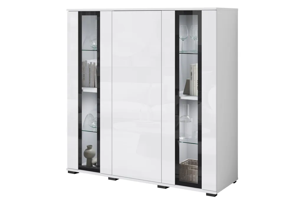 Gagnez de la place : Commode haute FARO 120 cm blanche à LED 3 portes