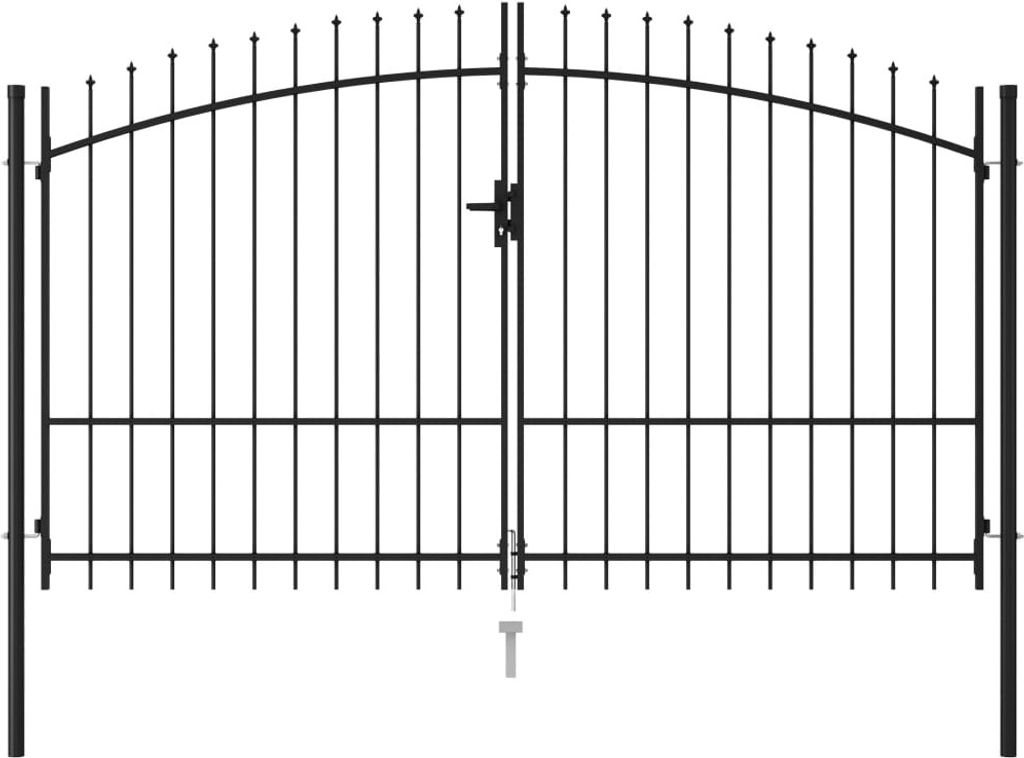 A black metal double gate with pointed tops, shown against a white background.