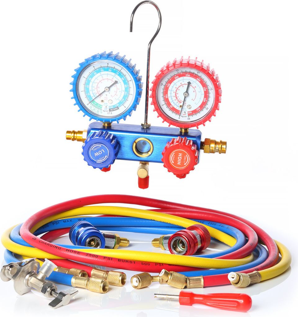 Mucola Monteurhilfe 2-Wege Klima R134a R12 R22 R502 KFZ SET 3 Schläuche Koffer Manometer Vakuum Unterdruckpumpe Wärmepumpe Schlauchset