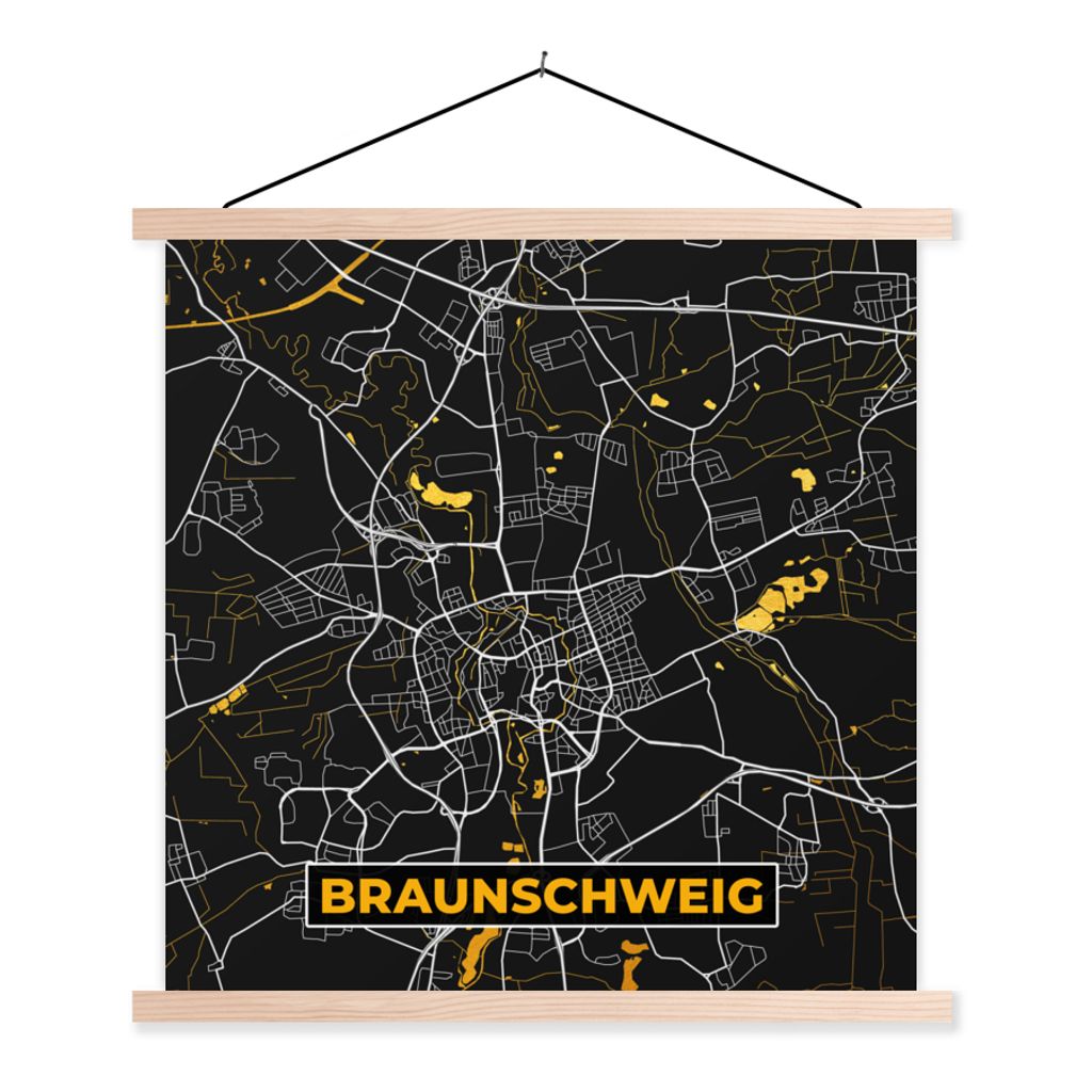 MuchoWow Textilposter Braunschweig - Stadtplan - Gold - Karte - Deutschland 40x40 cm mit holzfarbenen Rahmen - Posterleiste