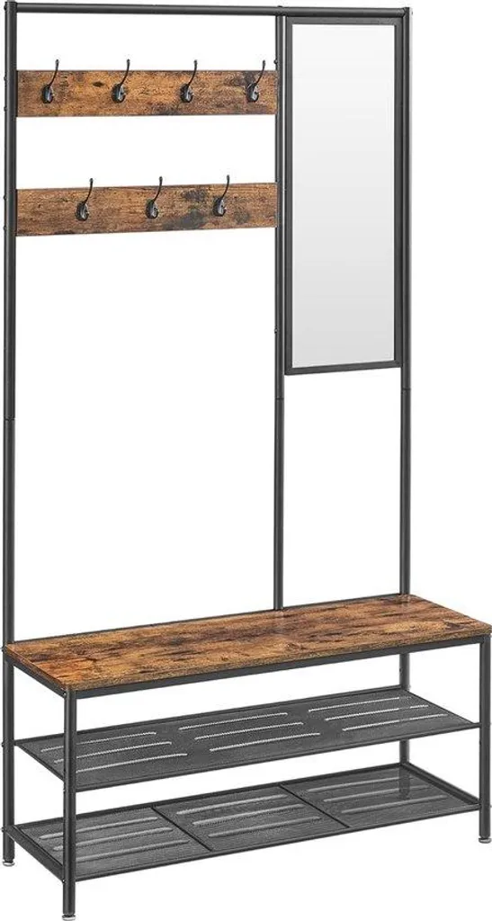 Meuble porte-manteau industriel 4 crochets, miroir et étagère à chaussures