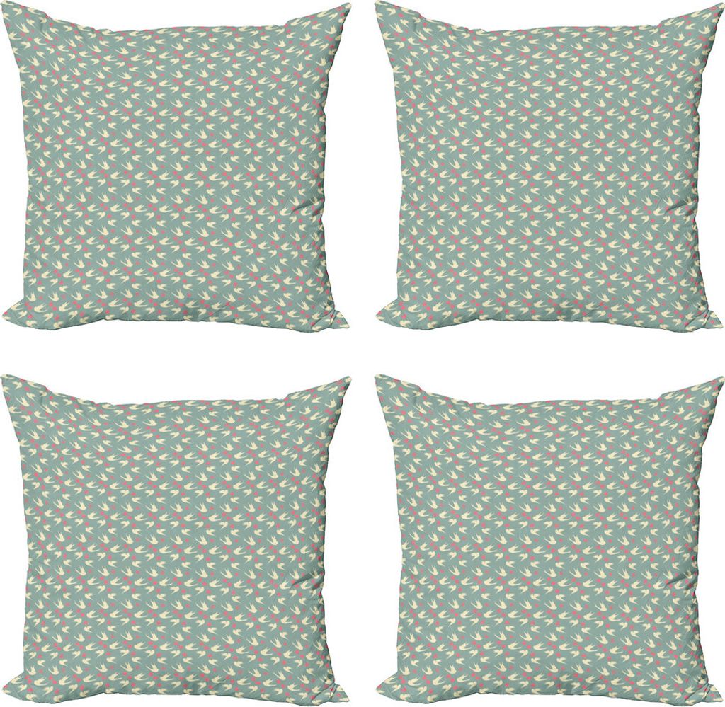 ABAKUHAUS Romantisch Kissenbezug Set (4 Stück), Vögel Little Hearts, Moderner Doppelseitiger Digitaldruck, 50 cm x 50 cm, Jade-Grün-Hellrosa