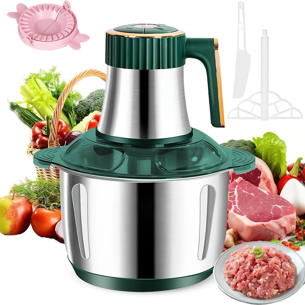 AIORBER 5L Küchenmaschine mit 6D Edelstahlmesser, 500W, 5 Geschwindigkeitsstufen, Zerkleinerer Fleischwolf Gemüseschneider – Grün Silber