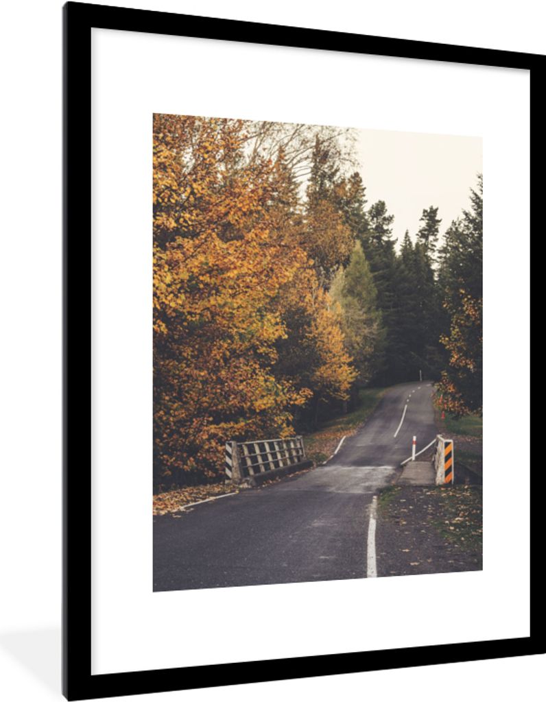 MuchoWow Gerahmtes Poster Bäume - Straße - Herbst 60x80 cm - Poster mit Schwarzem Bilderrahmen Wandposter Rahmen Foto Bilder - Wohnzimmer - Dek...