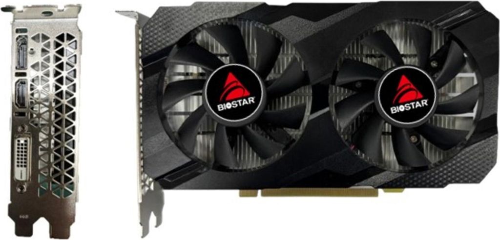 A computer graphics card shown from the front and side.
