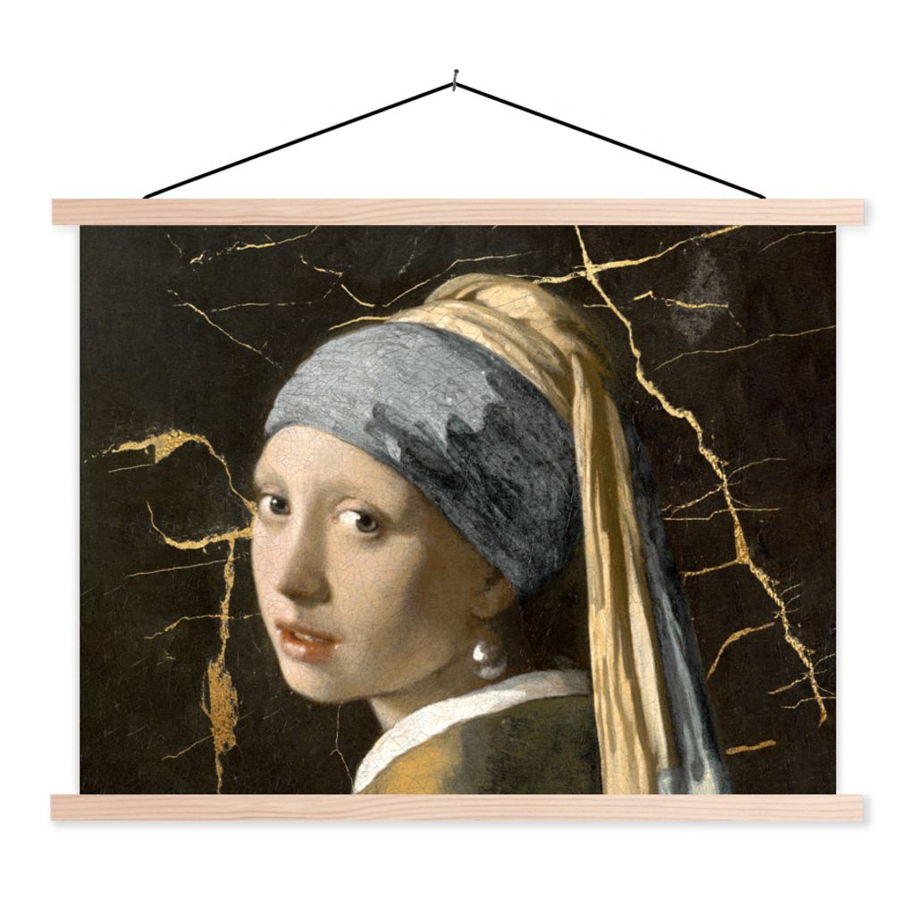 MuchoWow Textilposter Mädchen mit einem Perlenohrring - Gold - Marmor 120x90 cm mit holzfarbenen Rahmen - Magnetisch