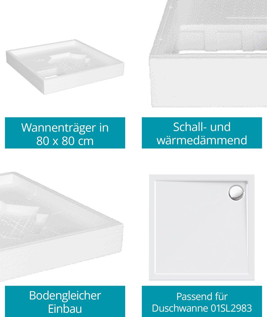 Calmwaters Duschwannenträger 80x80 cm Modern Select, Passend für Quadrat-Duschwanne 80 x 80 x 2,5 cm, Styropor-Wannenträger, Schall- und wärm...