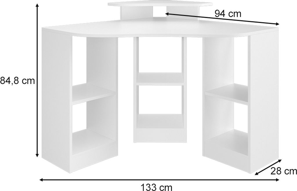 A white corner desk with dimensions indicated by measurement lines and text.