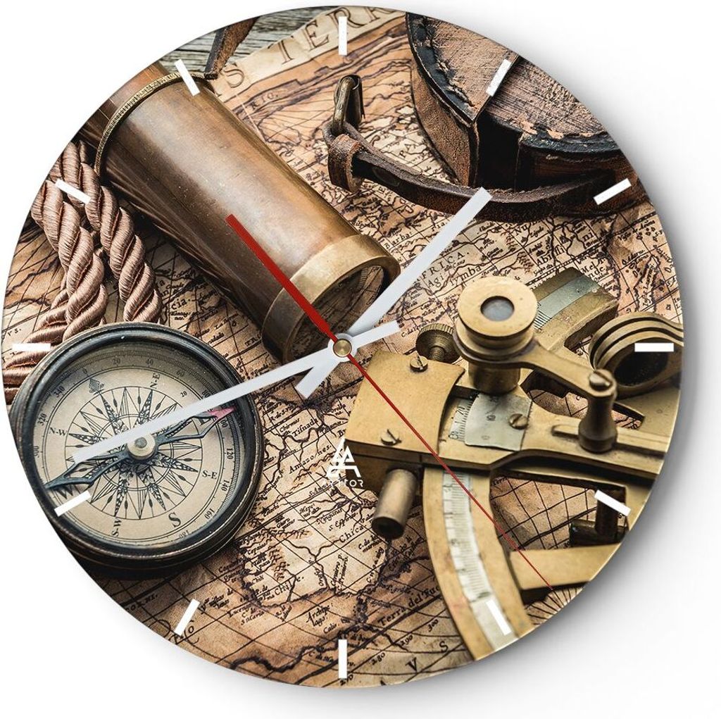 Wanduhr - Rund - Glasuhr - Kompass Kompass Karte - 30x30cm - Schleichendes Uhrwerk - Lautlos - zum Aufhängen bereit - Dekoration Modern - Wanddeko...
