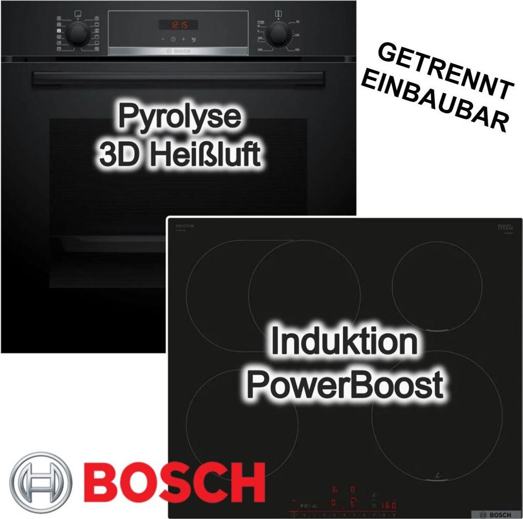 Herdset BOSCH Backofen Pyrolyse Hydrolyse + Induktionskochfeld Booster autark 60 cm