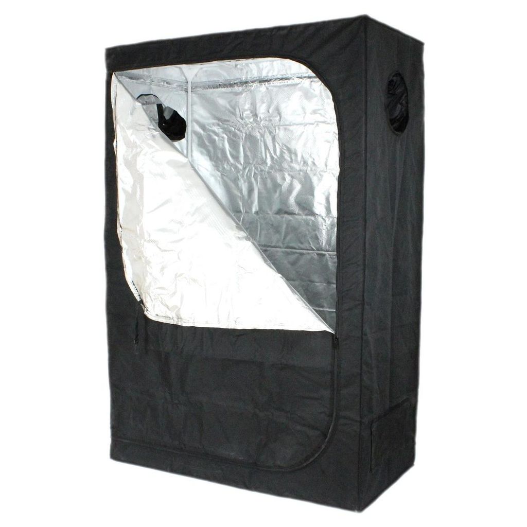 A black grow tent with a reflective silver interior, partially open.