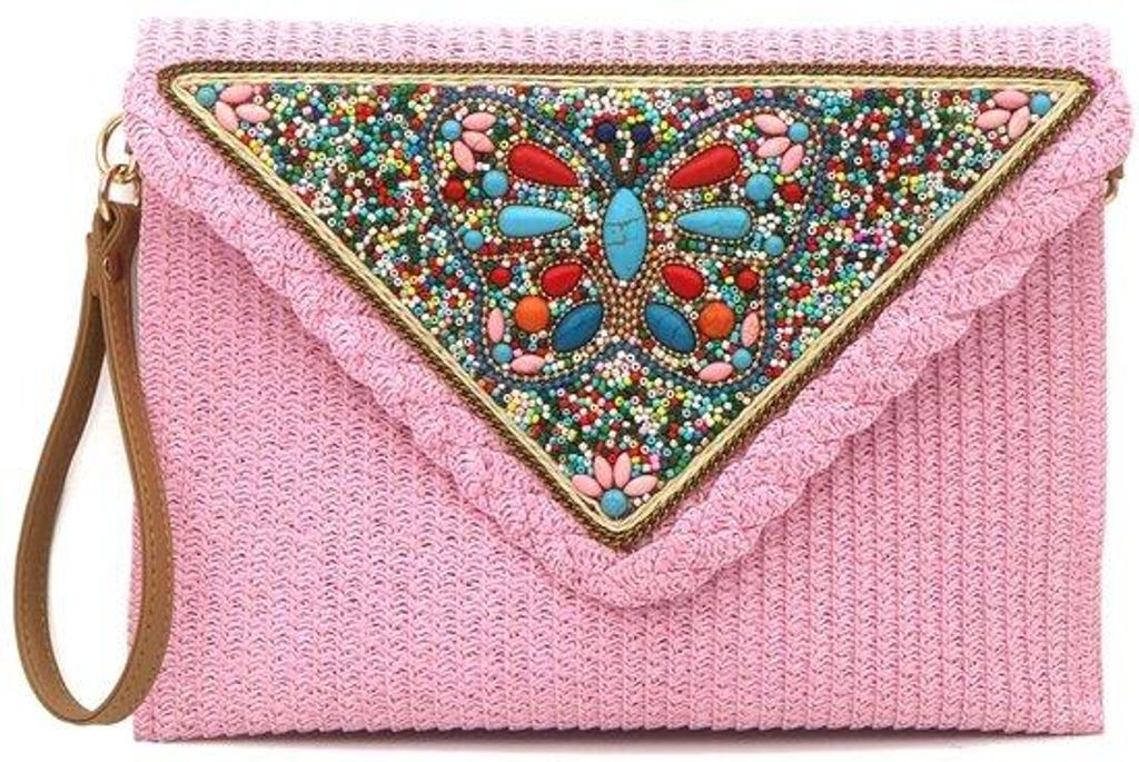 Crossbody tas met Kralen - Schoudertas voor Dames - Geweven - 27.5 x 20 cm - Tas - Met beads - Handtas - Roze