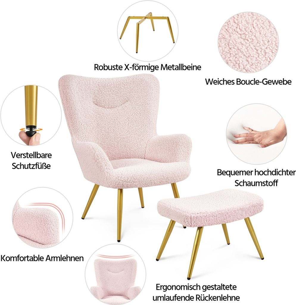 Yaheetech 1 X Moderner Sessel Ohrensessel Aus Boucl Produktbild-Vorschau 8