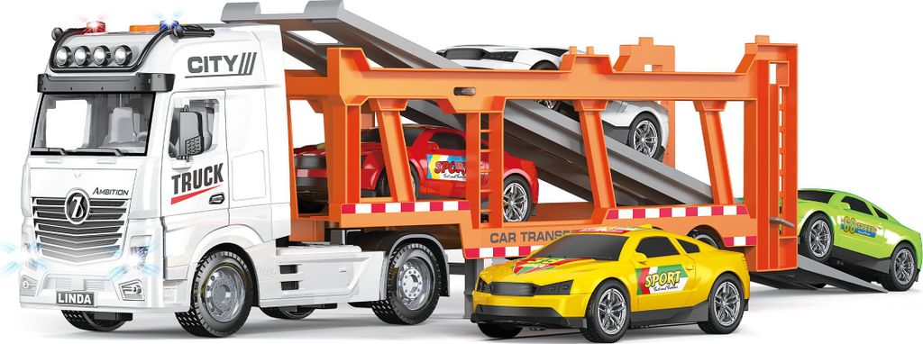 Auto-Sattelzug mit Schwungrad 56 cm mit Autos, 4er-Set