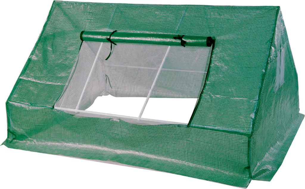 A green polyethylene greenhouse with a clear window flap, shown from a front-diagonal angle.