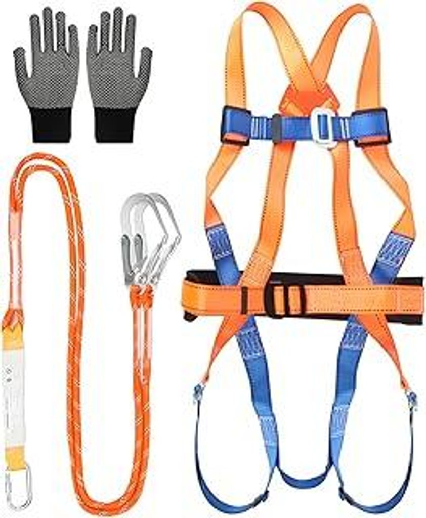 auffanggurt absturzsicherung Set, Fallschutz Auffanggurt, 5 Punkt Vollkörper Auffanggurt mit Sicherheitsseil Puffer, Ganzkörper-Auffanggurt Set f...