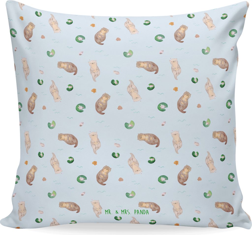 Mr. & Mrs. Panda Kissen 40x40 Otter Muschel - Blau - Geschenk, Dekokissen, für sofa, Seeotter, Kuschel, Medaillon, bedruckt, zier, Süß, Büro