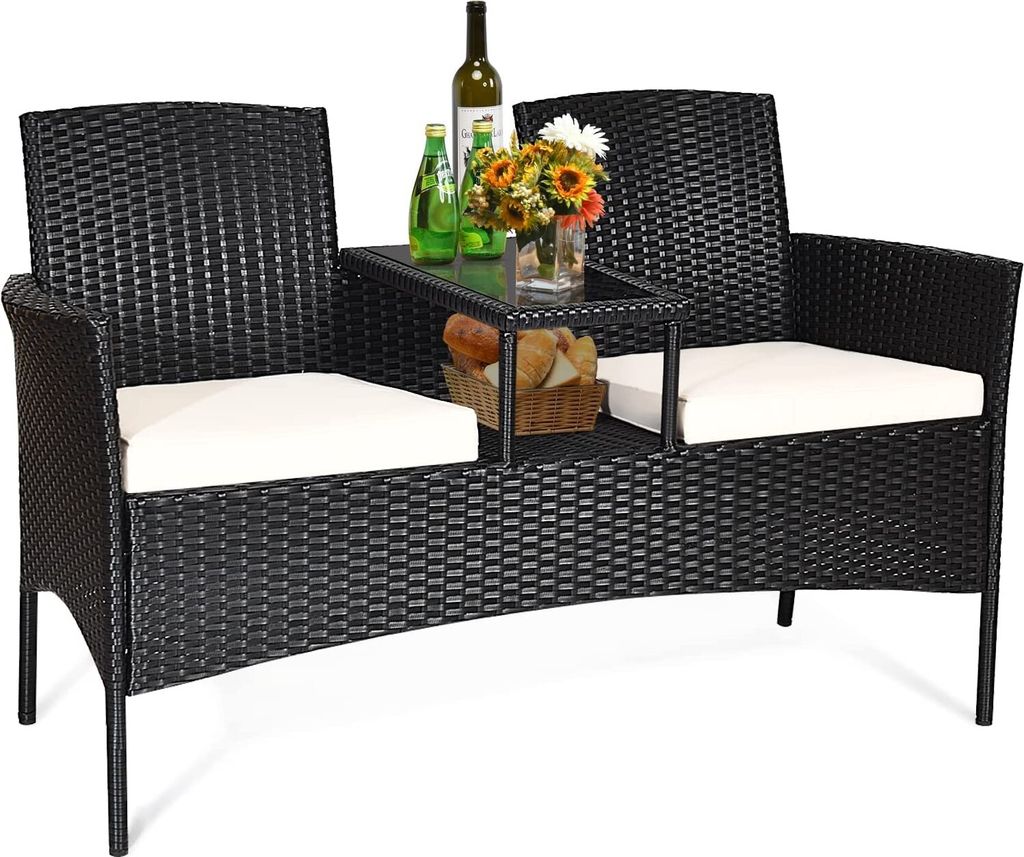 GOPLUS Polyratten Gartenbank mit Tisch, 2-Sitzer Bank mit Bequemen Kissen & Ergonomischer Rücklehne, Wetterfeste & Ausbleichsichere Sitzgruppe