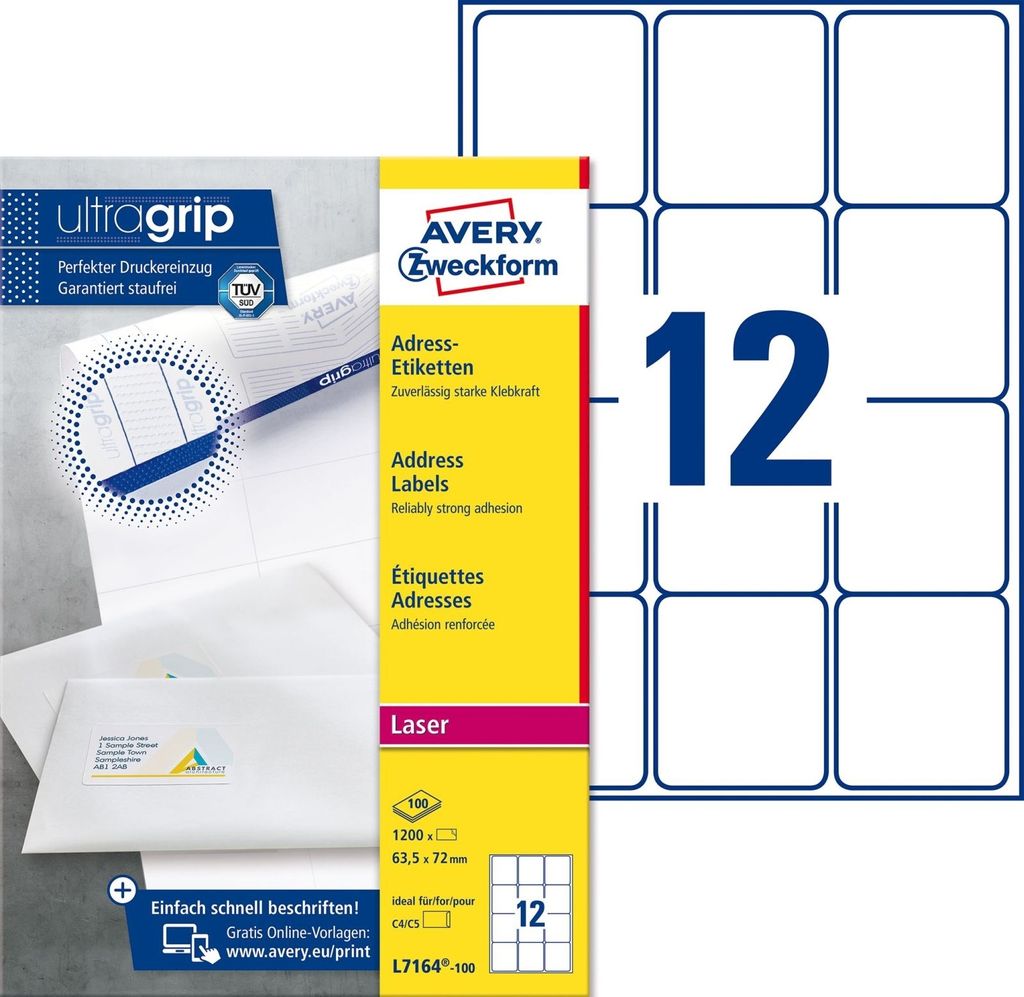 Adress-Etiketten ultragrip 63,5x72 mm VE=5x1.200 Etiketten / 100 Bogen weiß