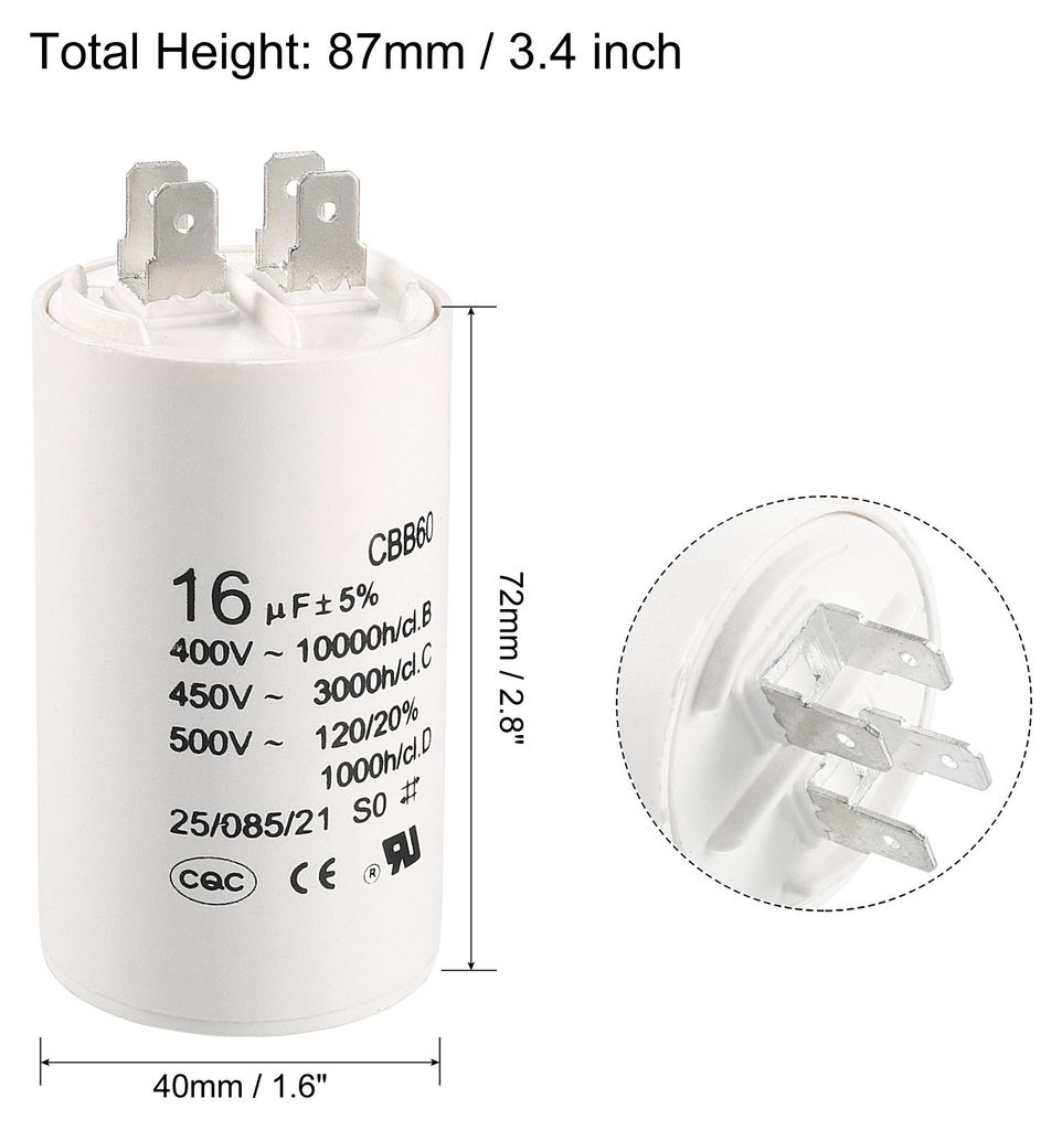 CBB60 Betriebskondensator 16uF 450V AC Doppeleinsatz 50 / 60Hz Zylinder 75x37mm Wei? fš¹r Luftkompressor-Wasserpumpenmotor