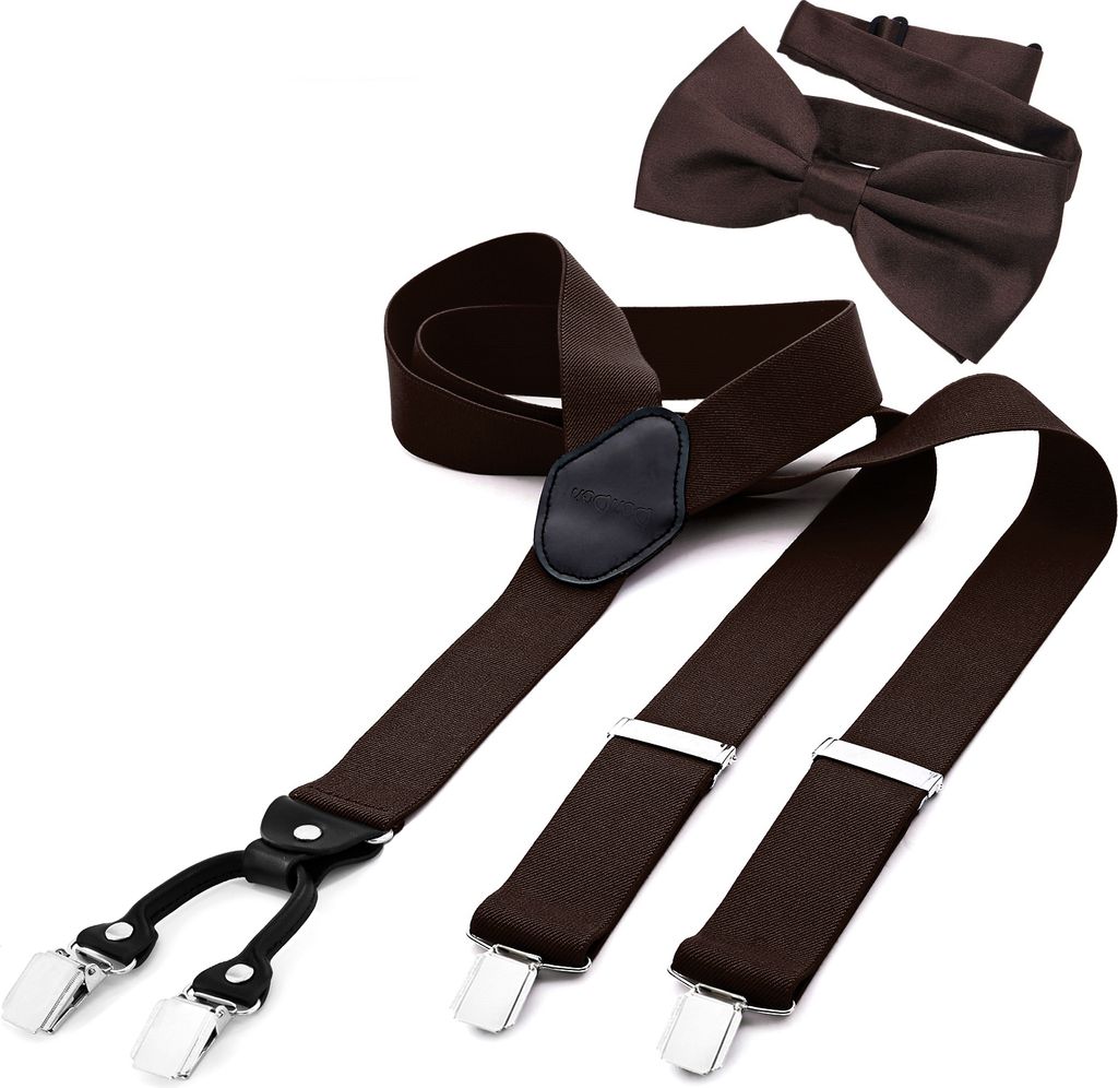 DonDon Herren 3,5 cm breiter Hosenträger in Y-Form elastisch und verstellbar im 2er Set mit farblich passender Fliege 12 x 6 cm Braun