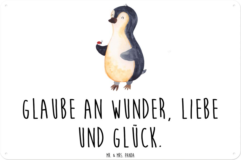 Mr. & Mrs. Panda Schild Pinguin Marienkäfer DIN A3 - Weiß - Geschenk, Aufmerksam, Türschild, Metallbild, Pinguine, Kleine Wunder, Glück, tafel,...
