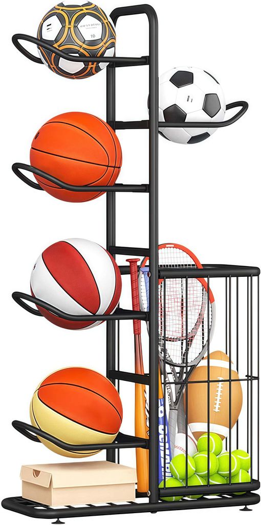 Ball Aufbewahrung – Stehende Ballhalterung aus Stahl für Basketball, Fußball & Volleyball – Robuster Ballständer mit Ballhalter für Innen- ...