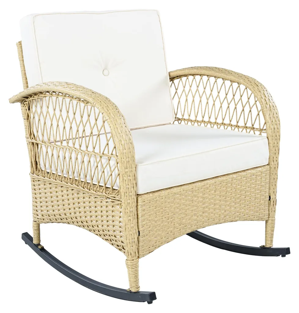 Fauteuil à bascule de balcon en rotin et table basse, coussins beiges - 14