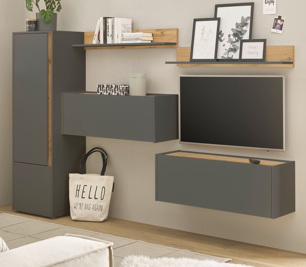 Wohnwand mit Sekretär Center in grau und Eiche Wohnkombination 5-teilig 250 cm