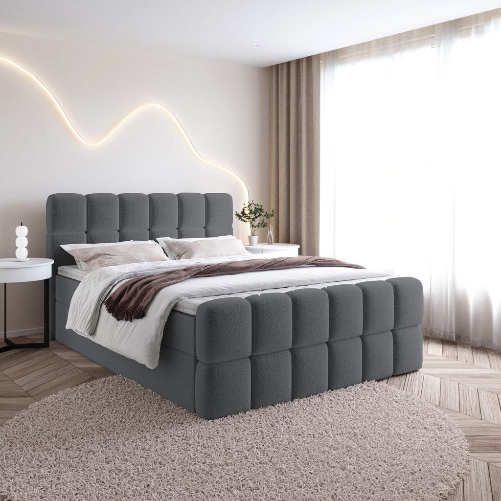 Bett Boxspringbett SELA Topper VISCO mit Bettkästen - Doppelbett, Stauraum, Schlafzimmer, Polsterbett, Bettgestell (120x200, Dunkelgrau - Fredo 40)