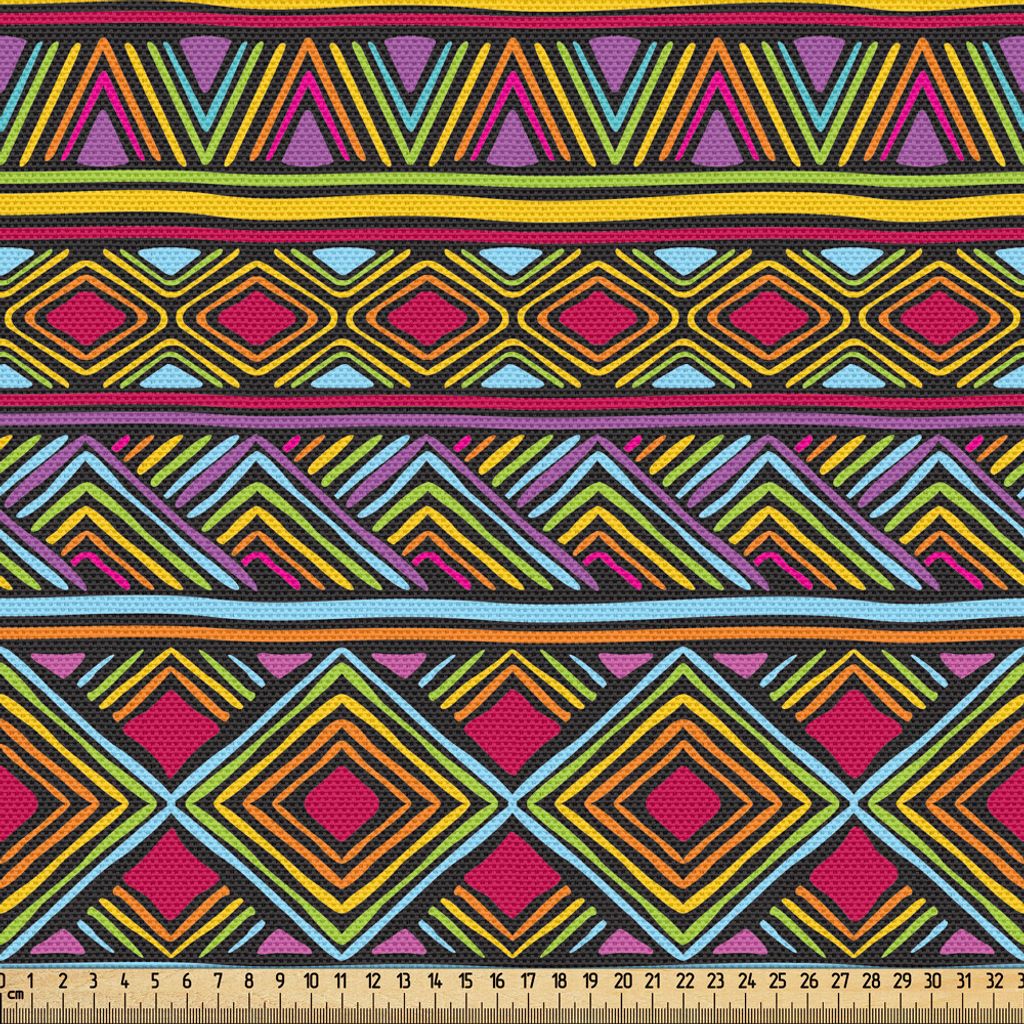 ABAKUHAUS afrikanisch Gewebe als Meterware, Bunte ethnische Diamant-Motive mit abgewinkelten Linien lebendige Palette geometrische Grenzen, 2 M (14...