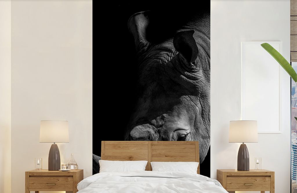 MuchoWow Fototapete für Wohnzimmer oder Schlafzimmer Wandtapete Vinyl Motivtapete Nashorn - Wildtier - Porträt - 120x240 cm - Hintergrundbild