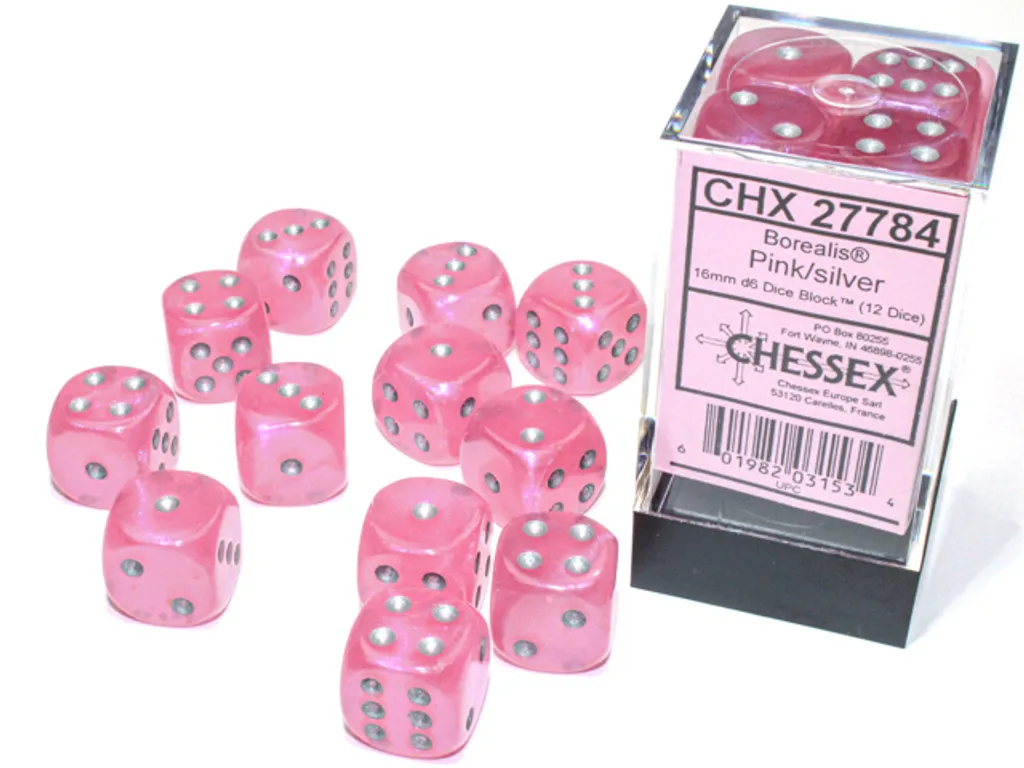 Chessex Borealis D6 16mm Rose Argent : Set de 12 Dés Lumineux de Luxe