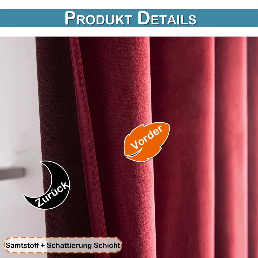 Tende Oscuranti Velluto Rosso L132xH213 cm - Set 2 Pezzi Termici - 3