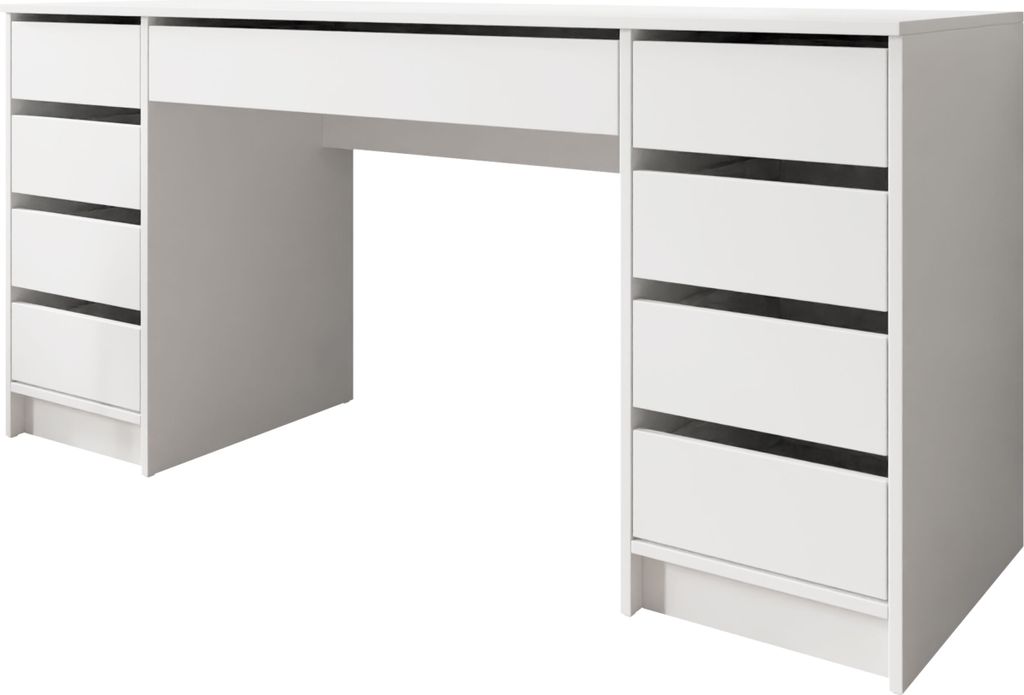 A white desk with multiple drawers against a white background.