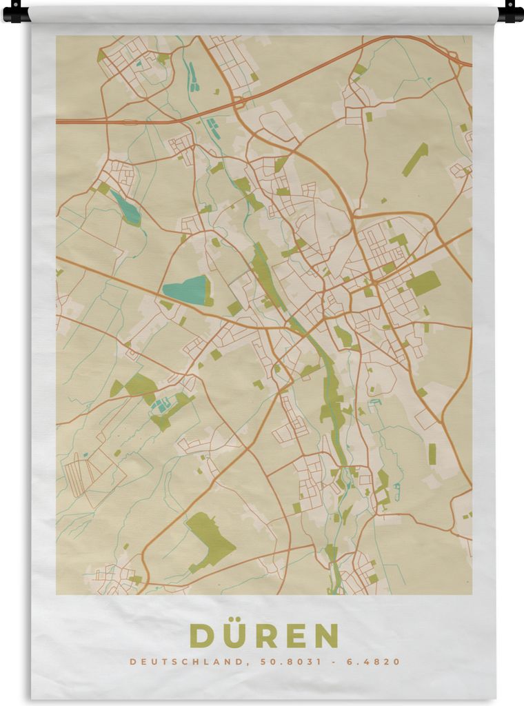 MuchoWow Wandteppich Wandbehang Karte - Düren - Karte - Vintage - Stadtplan 120x180 cm Tapisserie Dekoration Wandtuch - Schlafzimmer - Dekoratio...