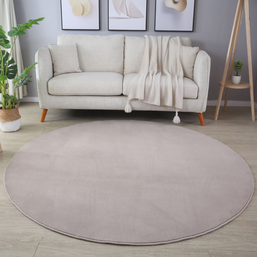 Kurzflor Teppich Wohnzimmer Beige 160x160 Rund Unicolor - Einfarbig aus Polyester