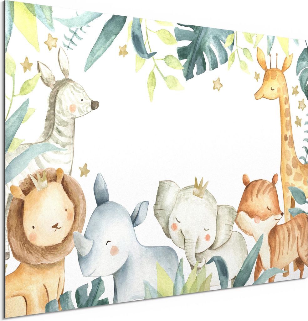 DEQORI Alu-Dibond Bild Weiß 60x40 cm 'Niedlich gemalte Tiere' Wandbild Metall dünn Design