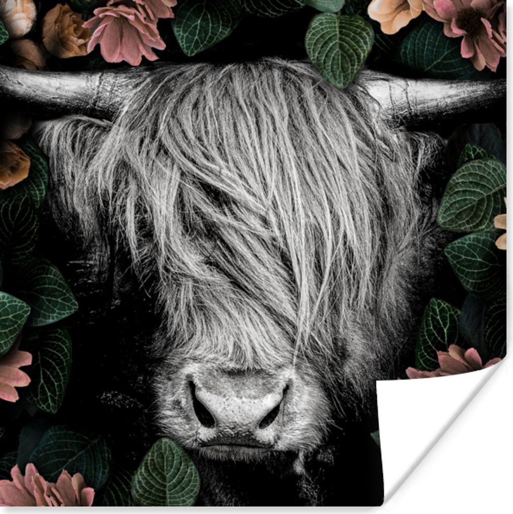 MuchoWow Poster Schottischer Highlander - Blumen - Schwarz - Weiß 100x100 cm - Babyzimmer