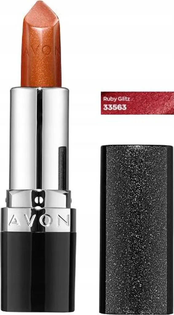AVON Rossetto Ultrabrillante Ruby Glitz: Rosso Glitterato Intenso 3.6g