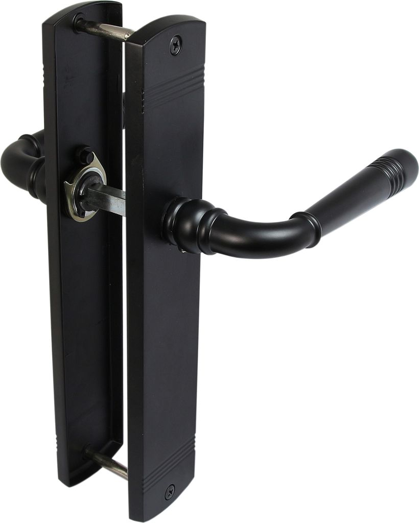 A black door handle set on a white background.